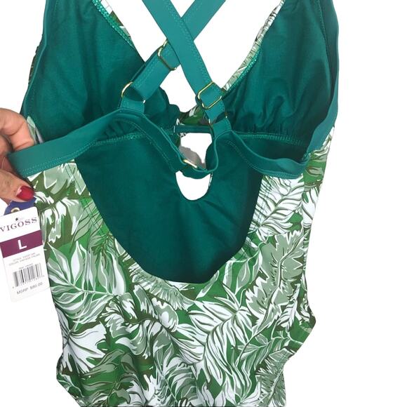 VIGOSS Green Palm Tree One Piece Swimsuit Cut Out Open Back Slimming Large - Picture 7 of 9